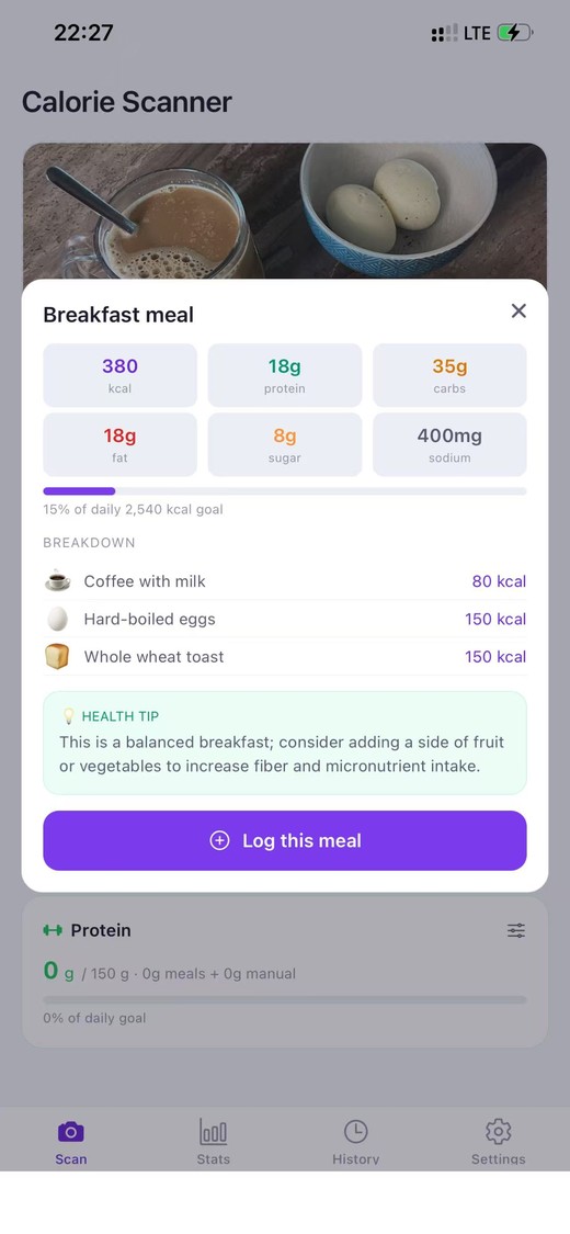 CalorieScanner meal breakdown — calories and macros for a logged breakfast
