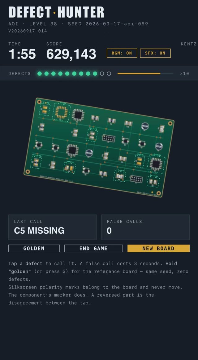 Defect Hunter AOI mode — tapping component-placement defects on a populated PCB, level 38, 8 of 10 defects found