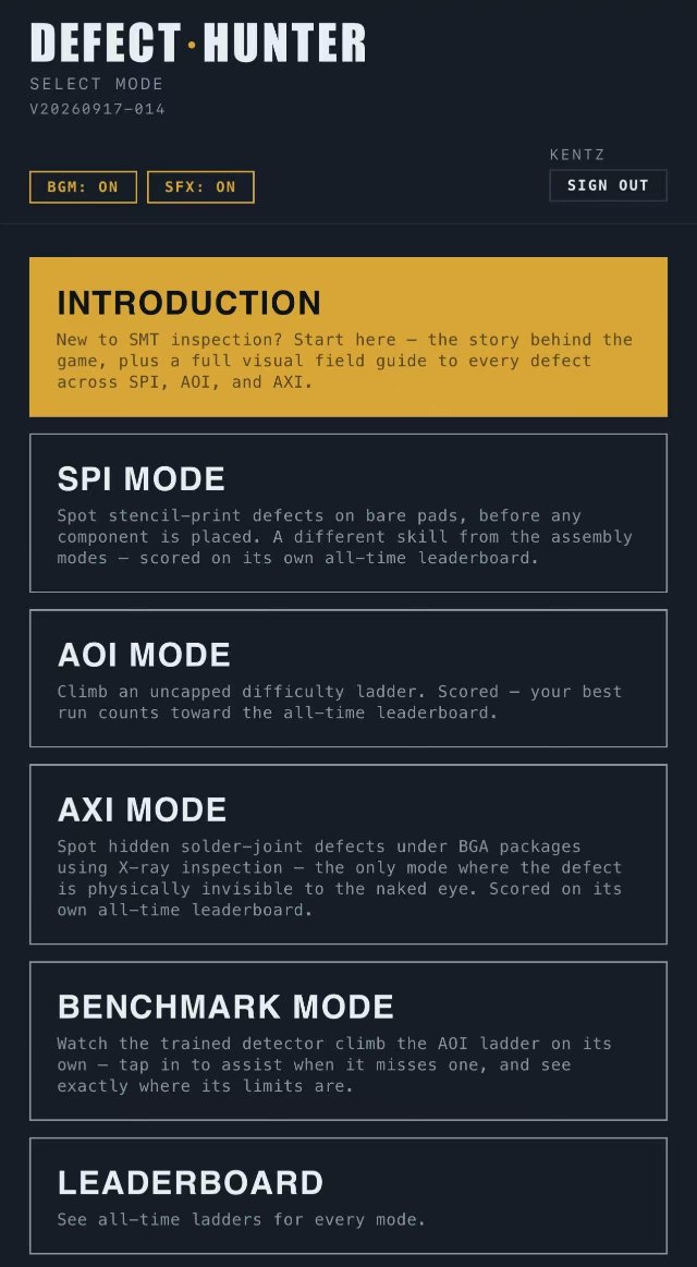 Defect Hunter mode-select screen — SPI, AOI, AXI and Benchmark modes, plus an in-app field guide and leaderboard
